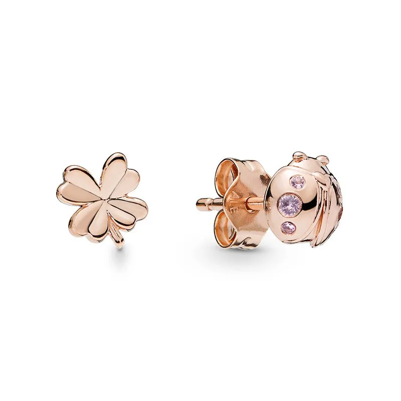 Clover ve Ladybird Stud Küpeler Pandora için Orijinal Kutu ile Gül Altın 925 STERLING Gümüş Moda Partisi Takı Kadınlar Kız Kız Kız Arkadaş Hediye Tasarımcı Küpe