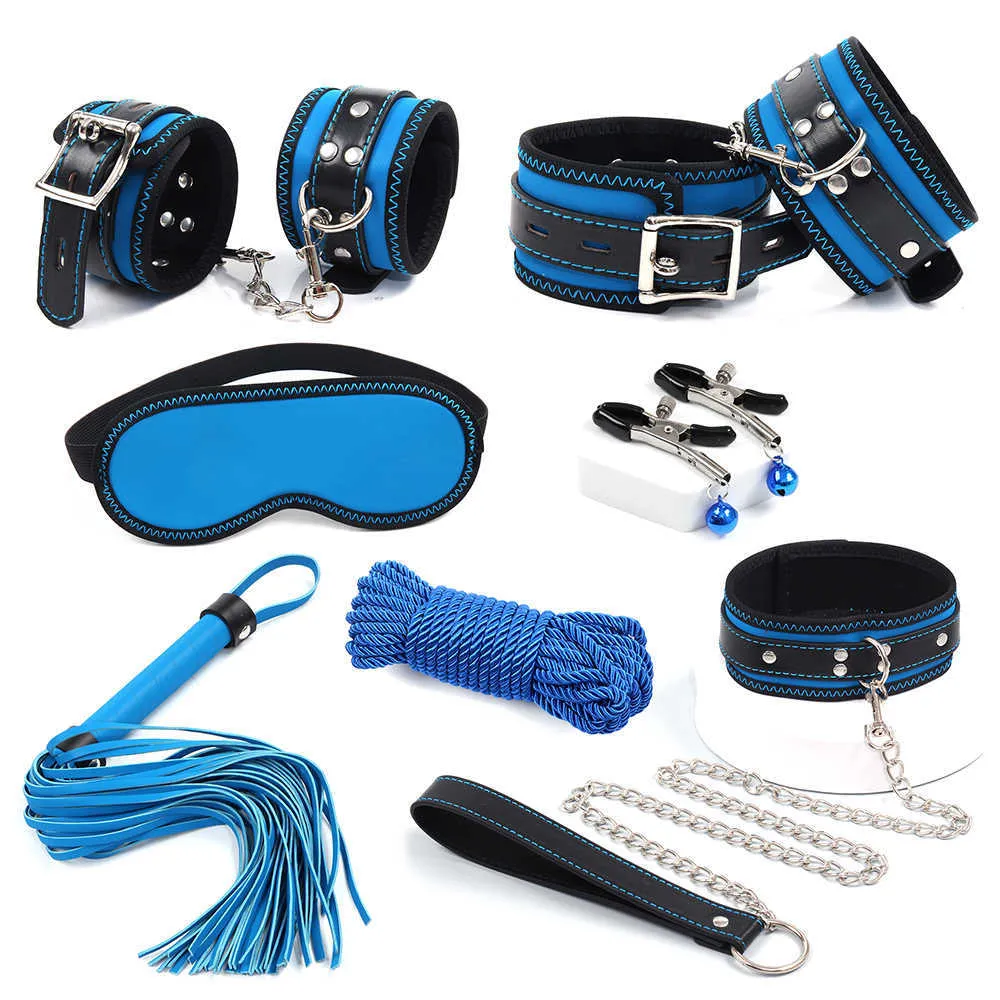 Articoli di bellezza Blu reale 7 pezzi Kit bondage Set Polsino con chiusura a mano Caviglia SM Collare BDSM Giocattoli erotici per coppie Strumento di giochi sexy per adulti