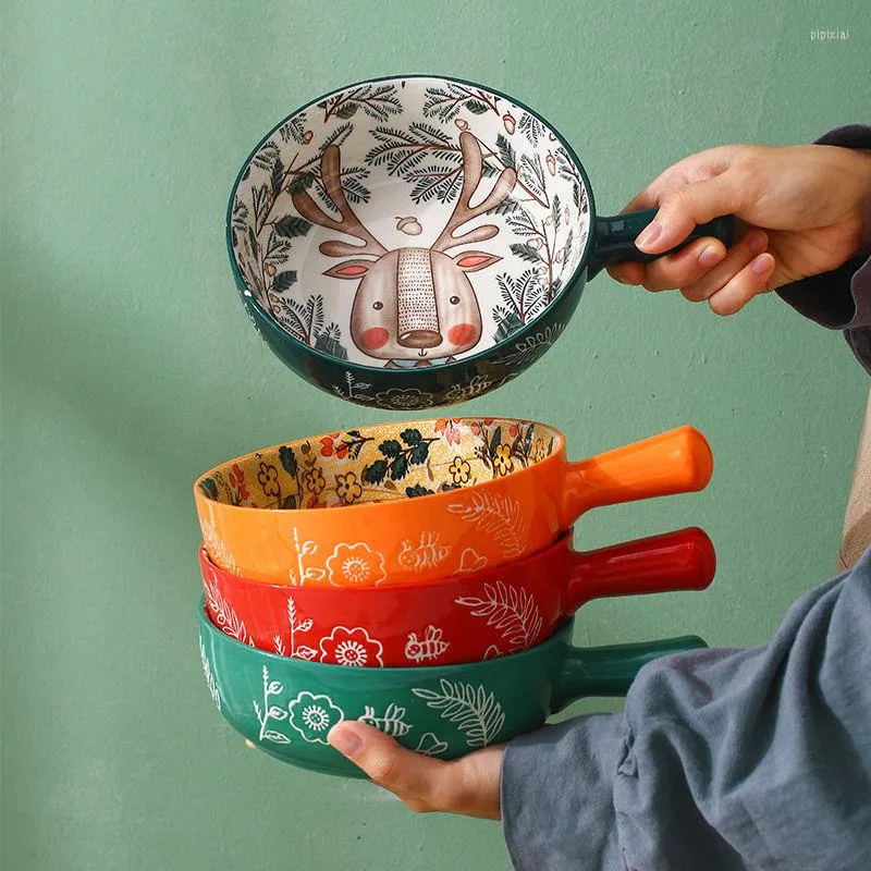 Bowls Single-handle Ceramic Bowl Forest Animal Pasta Design Large Creative Restaurant Flower Home Decoration