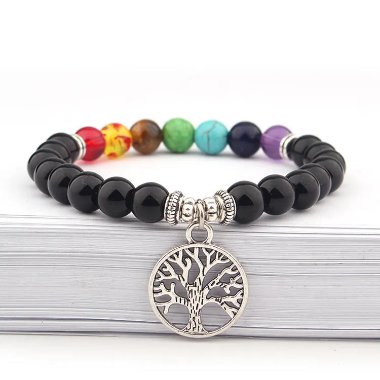 Tree of life Charms 8mm Black stone Strand 7 Colors Chakra Bead Yoga Buddha Bracelet For Women men Jewelry