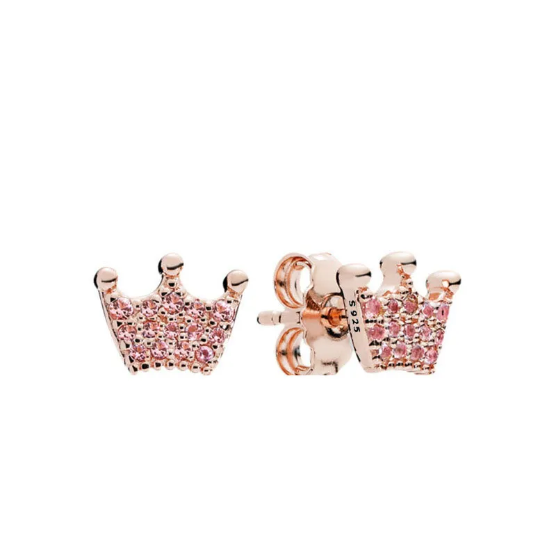 Rose Gold Pink Crown Stud Pendientes para Pandora Auténtica plata esterlina Joyería del banquete de boda para mujeres Niñas Novia Regalo diseñador Pendiente con caja original