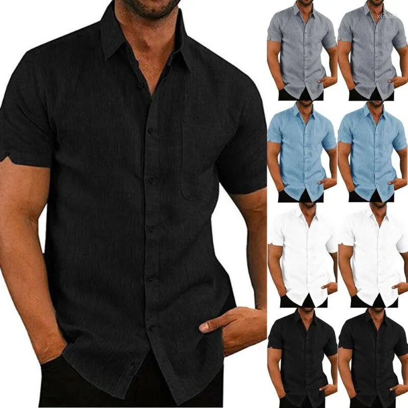 Men's Casual Shirts Mens Linen Blouse Short Sleeve Baggy Buttons Summer Solid Comfortable Loose Holiday Tee Tops