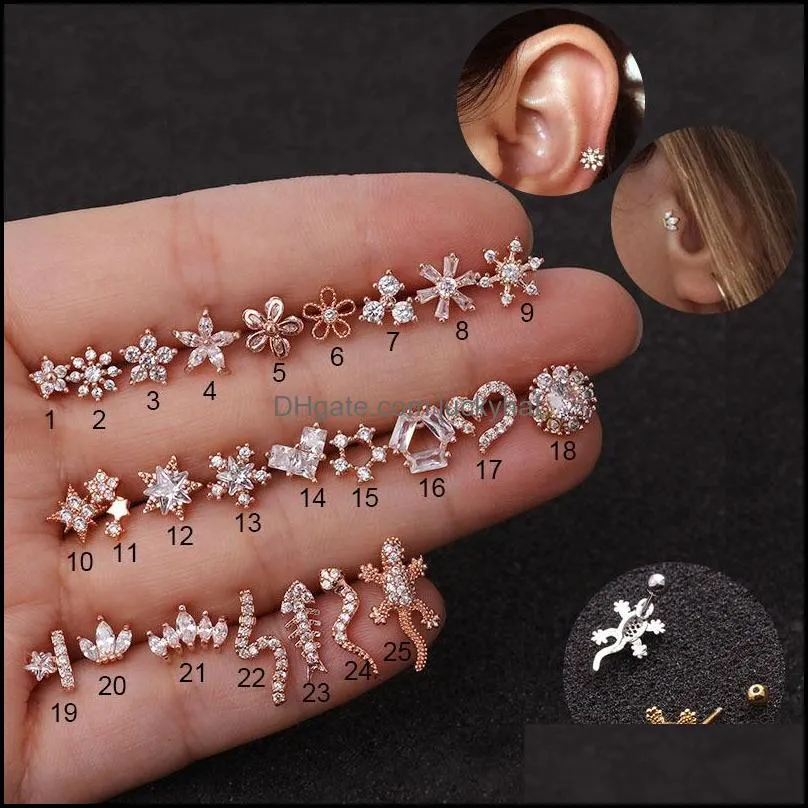 Stud 1Pc Oro Sier Colore Animali Fiore Cz Tragus Cartilagine Acciaio inossidabile Helix Ear Piercing Cristallo Zircone Daith Orecchino 1213 Q2 Otkub