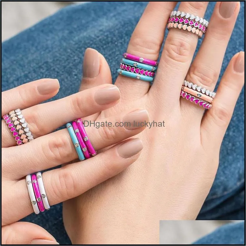 Ringas de banda Simple estilo amor coração esmalte pavimentado com brilhante cúbico de zircão de pedra noivado de casamento anel de dedo para mulheres jóias otwas