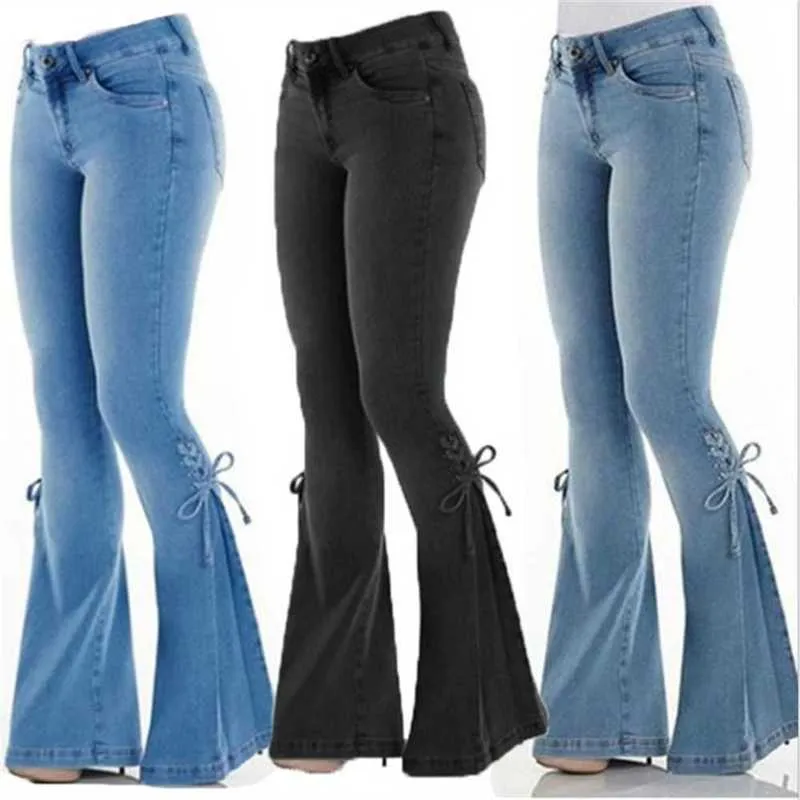 Plus storlekar XS-4XL Kvinnor Mid midja Lace Up Designer 2023 Nya stretch jeans damer blossade byxor 3 färger