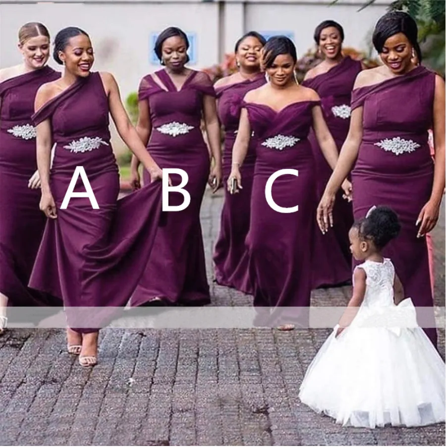 Sirène violette longue robes de demoiselle d'honneur africaines une épaule ceinture en cristal en gros demoiselles d'honneur robes de soirée de mariage
