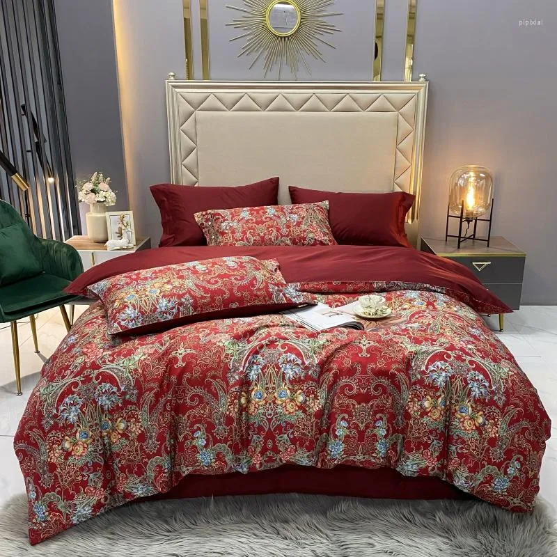 Defina a cama Luxury Red Digital Printing Cotton Cetin Conjunto