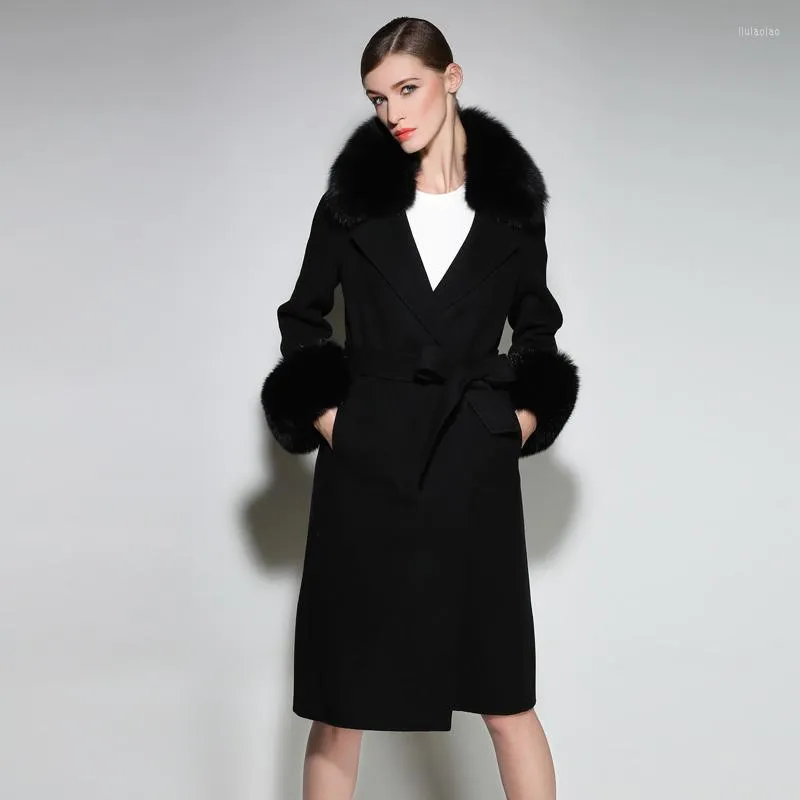 Women's Fur 2023 Autumn Winter X-long Ladies Wool Coat With Real Collar And Cuffs Pashmina Women Outerwear