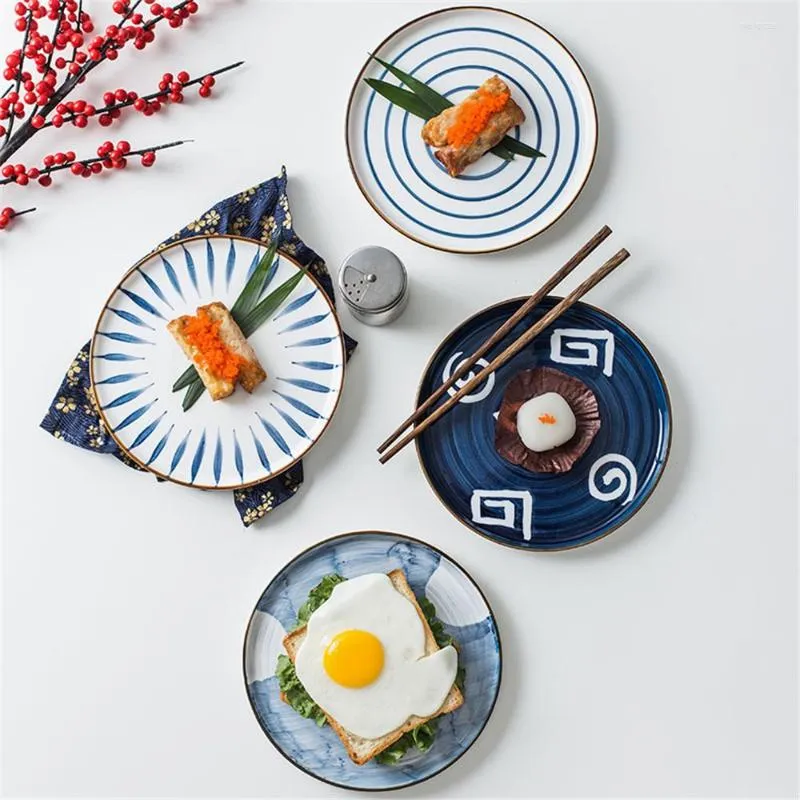 Bowls Japanese Ceramic Painted Dinner Plate Western Steak Dish Round Breakfast Fruit Dessert Bread Home Dinnerware 1pc