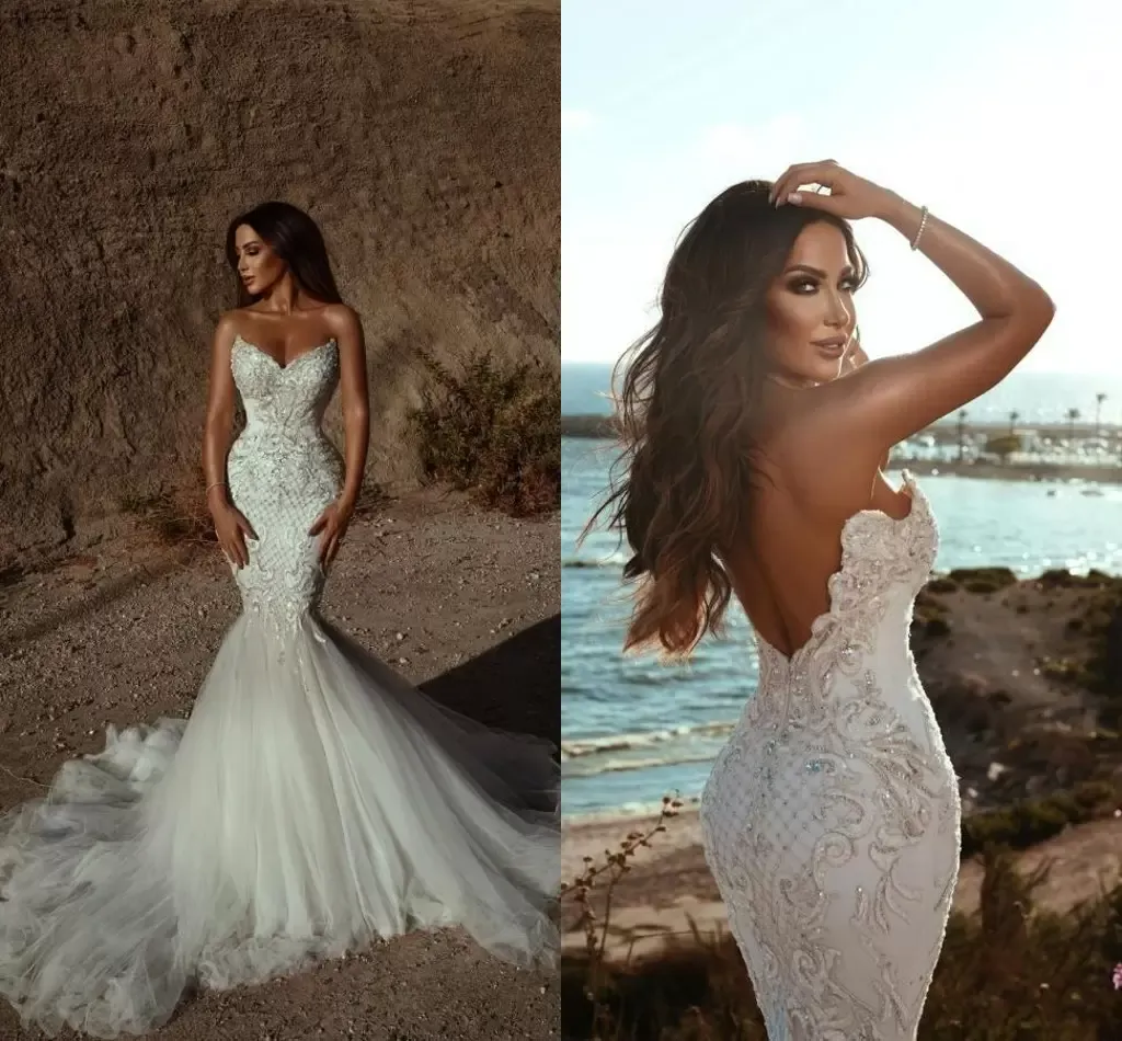 Abiti da sposa sexy a sirena in pizzo senza spalline Applique in tulle con perline Abito da sposa senza spalline da spiaggia senza spalline BC11192