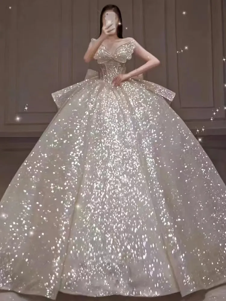 2024 Dubaï luxe une ligne robes de mariée paillettes grande taille chapelle train chérie vestido de novia appliqué robes de mariée sur mesure