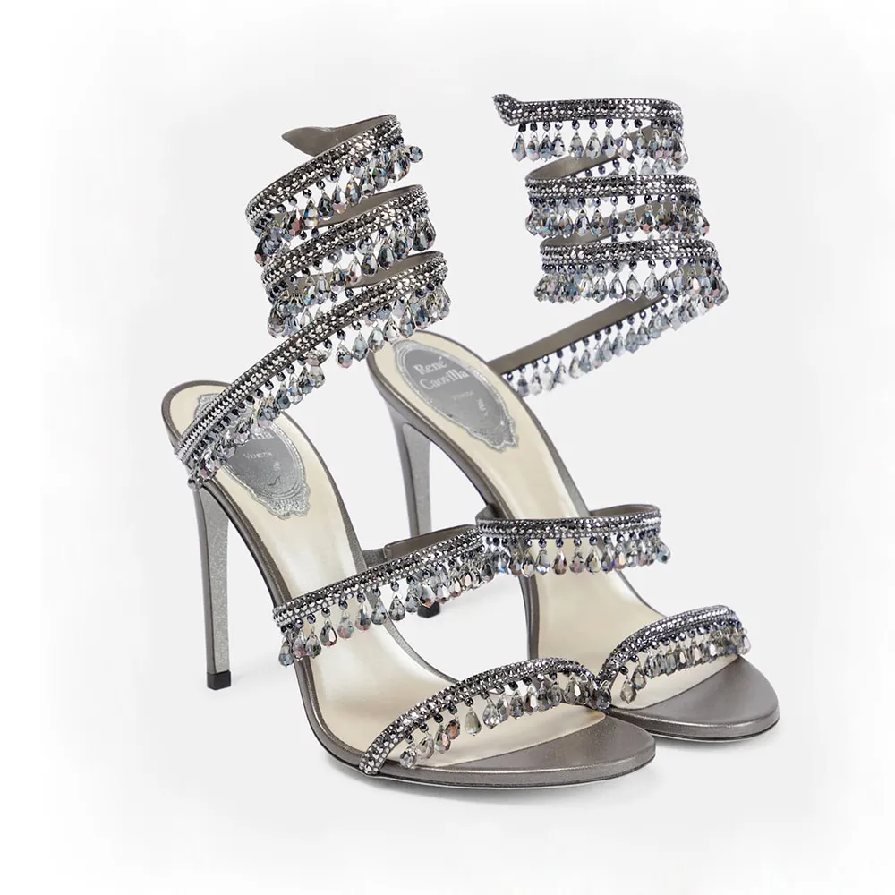 Crystal Lamp stiletto häl sandaler för kvinnors sko Rene Caovilla Cleo Rhinestone Studded Snake Strass Shoes Luxury Designers 9,5 cm High Heeled Sandal With Box