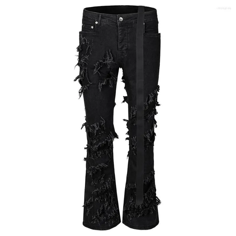 Jeans mode évasés hommes déchirés en détresse Streetwear pantalon en jean noir longs rubans tendance homme