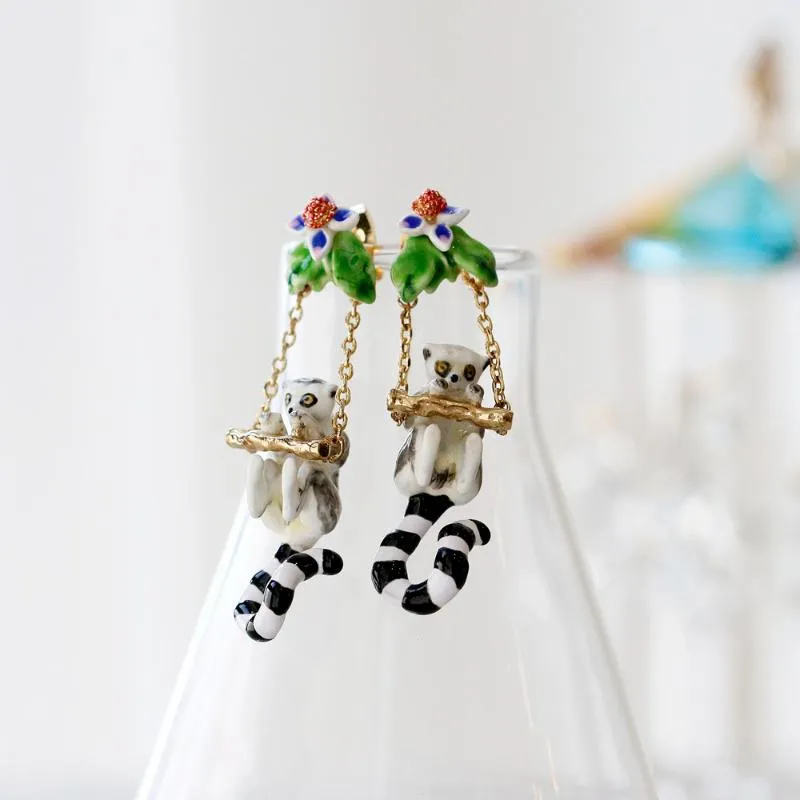 Dangle Earrings & Chandelier Flower And Lemur Pendant For Girls High Quality Childlike White Enamel Lovely Animal Jewelry Gift Her
