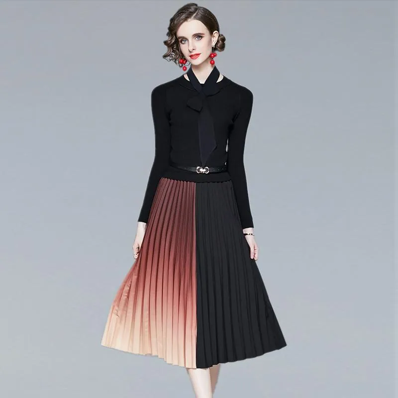 الفساتين غير الرسمية عتيقة Women Women Office عمل مطوية Midi Long Dress Spring Autumn Knitting Patchwork Street Street Chic Frocks for Female Stest