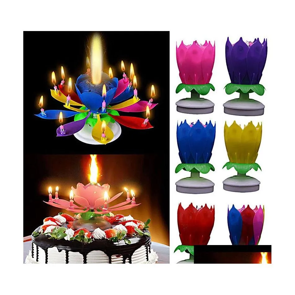 Altri articoli per feste per eventi Candela di compleanno musicale Cake Topper Decorazione Candele di fiori di loto Blossom Rotating Spin Drop Delivery Dhzft