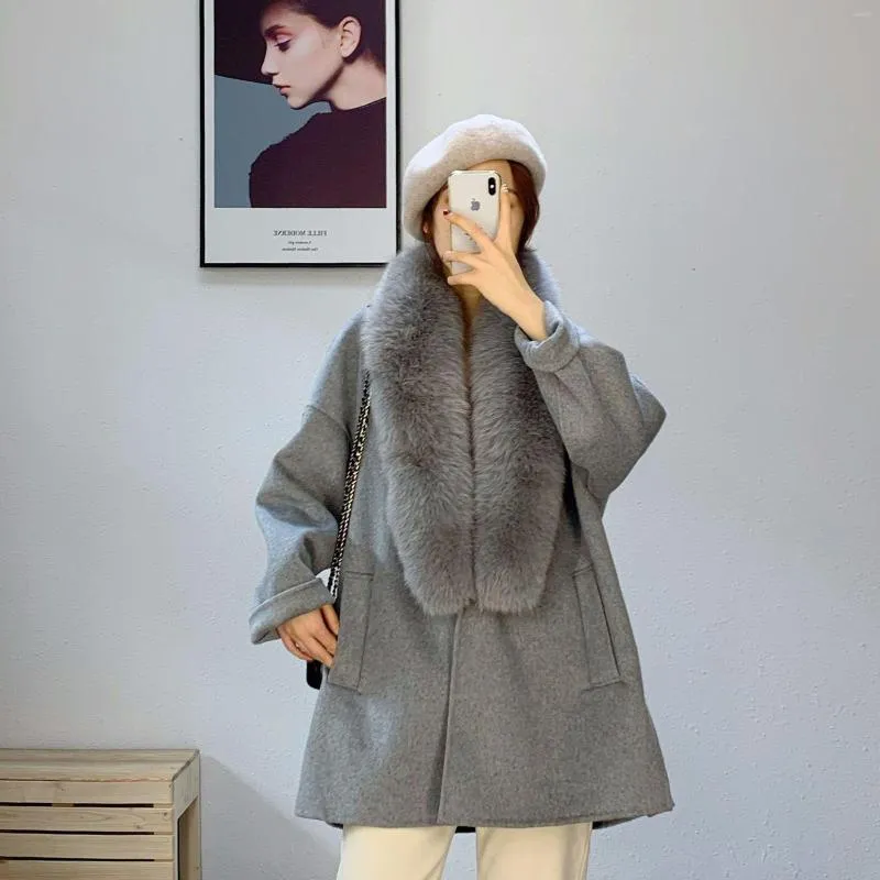 Pur 2023 Women Ful Winter Ladies Wool Casat com gola genuína Cashmere Women Women Long Lowe