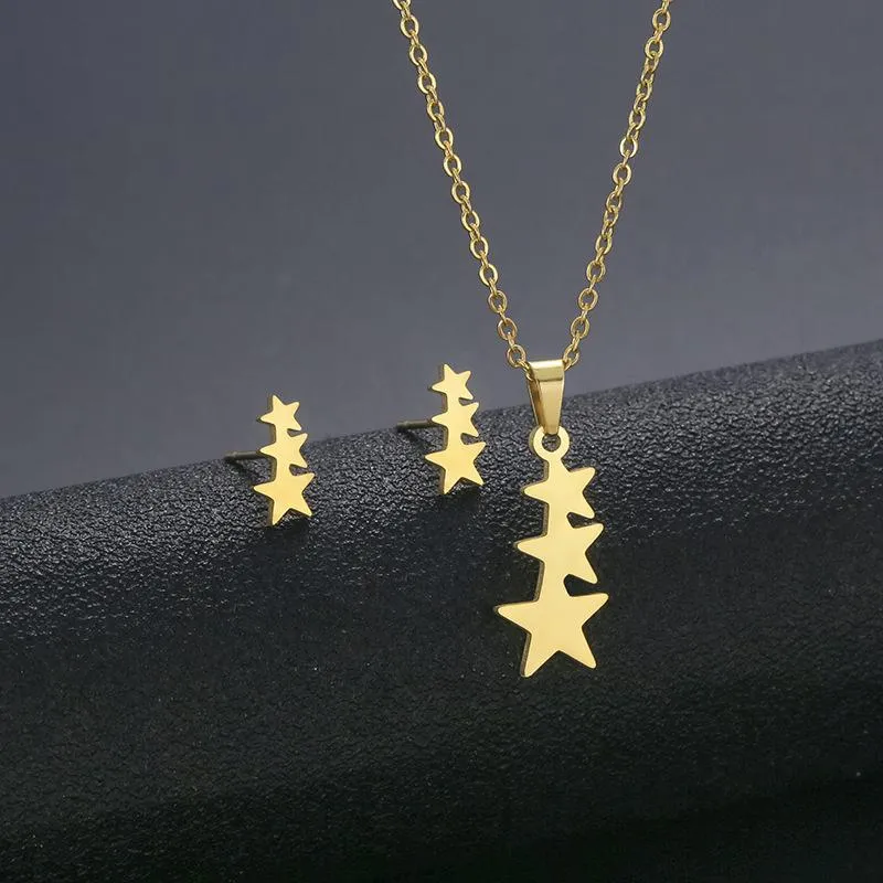 Pendant Necklaces European And American Stainless Steel Five-Pointed Star Necklace Earrings Three Sets