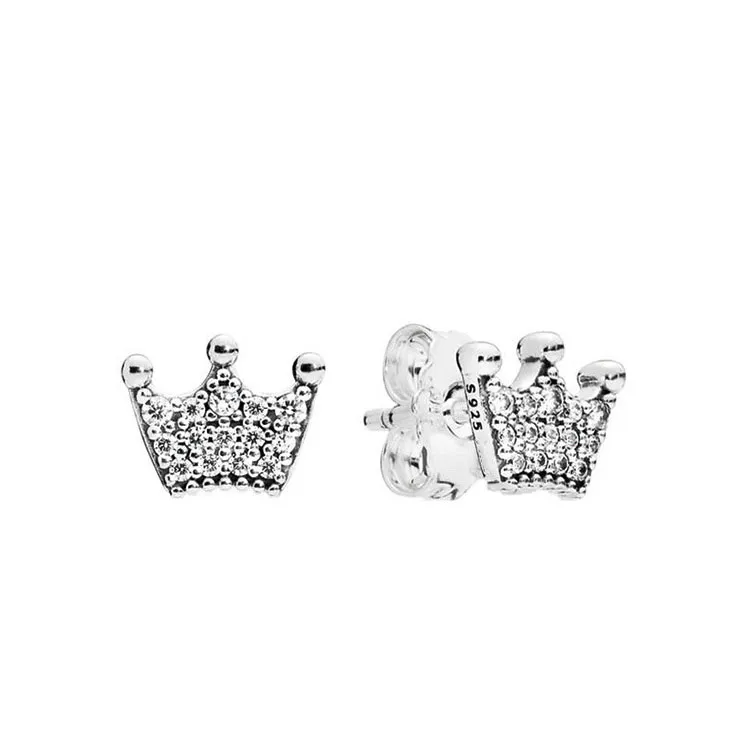 Real Sterling Silver Crown Stud Earring with Original Box for Pandora Women Wedding Jewelry Girlfriend Gift Rose Gold designer Sparkling Earrings Set