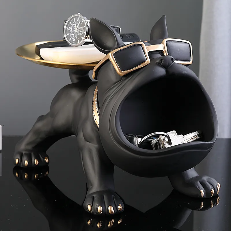 Decorative Objects Figurines Cool French Bulldog Butler Dcor with Tray Big Mouth Dog Statue Storage Box Animal Resin Sculputre Figurine Home Gift 230107