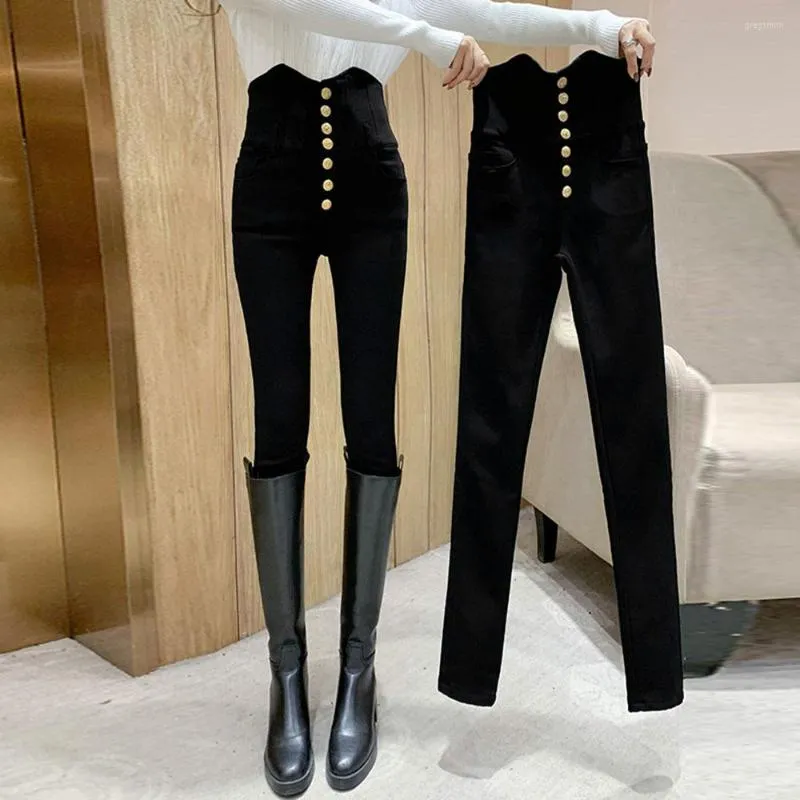 Kadın Pantolon 2023 Sonbahar Bahar Siyah Taytlar Sıradan Elastik Yüksek Bel Stres Ayakları Kadın Metal Düğmeleri İnce Kalem Oldu