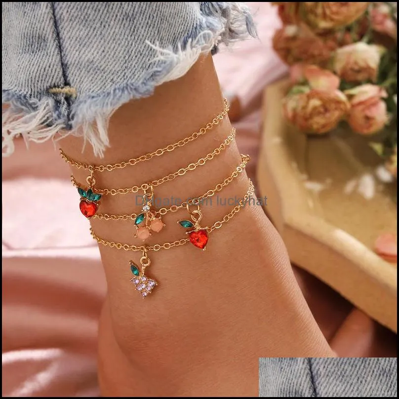 Bracelets de cheville d'été pomme Stberry cerise raisin lien chaîne diamant fruits pendentifs pied cheville bracelet livraison directe bijoux Otmcv