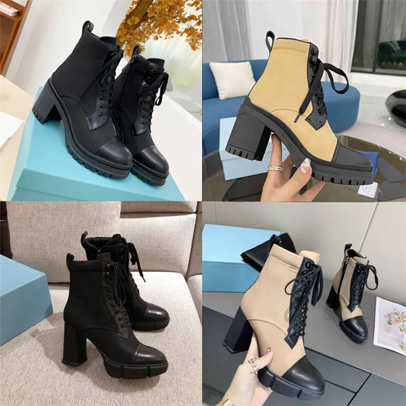 2023 Designer Paris Geborsteld Leer En Nylon Veterstof Laarzen Monolith Mini Tas Lug Sole Combat Vrouwen Enkel Australië Platform Hakken Winter Sneakers Met Doos