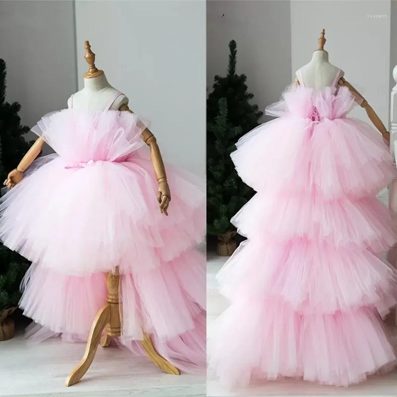 Flickaklänningar Tiered Pink Flower Girls Hi-Lo Pageant Ball Balls For Kids Wedding Party Födelsedag First Holy Communion Wears