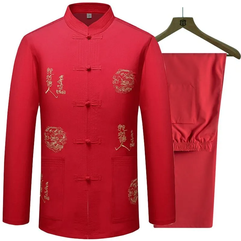 Men's Tracksuits Plus Size Tang Long Sleeve Suit Casual Loose Sets Chinese Traditional Vintage Embroidery Button Tai Chi Costume