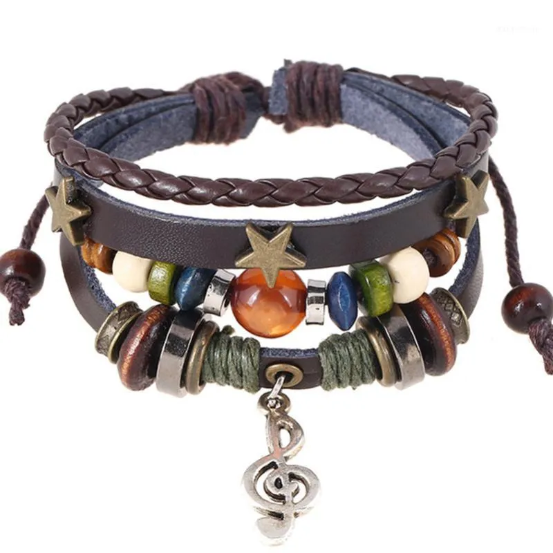 Charm armband handgjorda boho zigenare hippie design brun läder med stjärna anteckning metall charms trä knapp pärlor wrap unisex justerbar