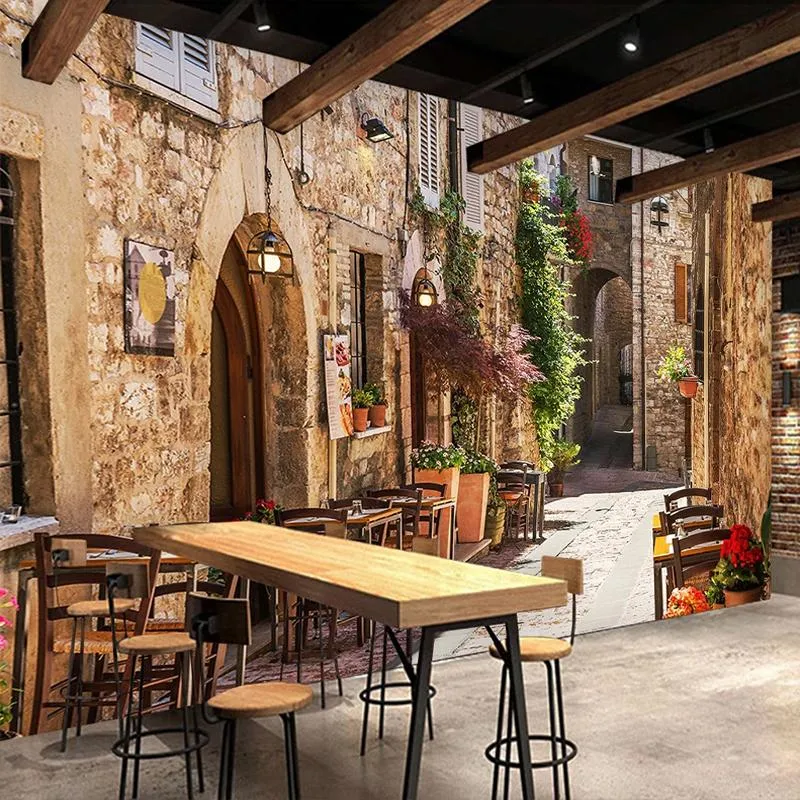Mediterranean Town Street View 3D Gothic Wallpaper Retro Bar Cafe ...