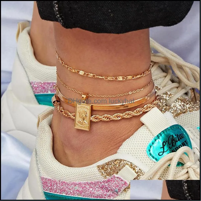 Anklets Latest Beach Foot Jewelry Gold Twist Chain Queen Pendant Anklet Mtilayer Ankle Bracelet Drop Delivery Otvuj