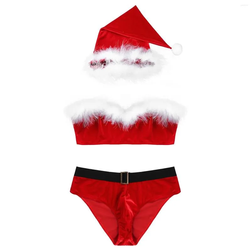 Mutande Uomo Natale Lingerie Completo da notte Biancheria intima Sissy Decorazione di piume Top corto Elastico in vita Slip Cappello da Babbo Natale Cosplay