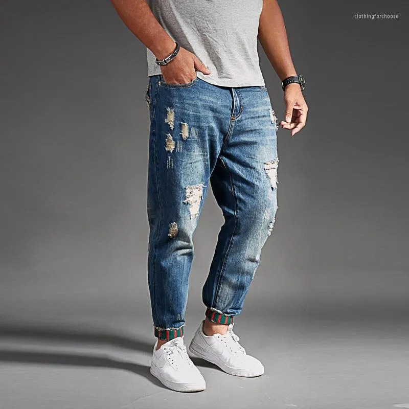 Мужские джинсы, разорванные для мужчин Blue Black Denim Mens Jean Homme Harem Hip Hop Plus Bunders 44 46 48 Uomo Fashions Jogger PA208A