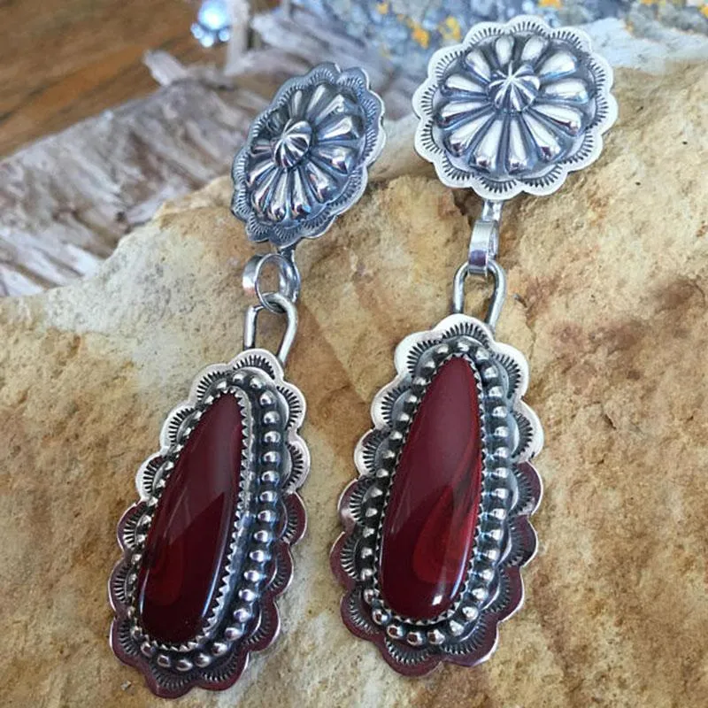 Kolczyki Dangle żyrandol Vintage duże ciemne wino czerwony kamień kropla dla kobiet etniczna retro biżuteria woda brincos bijoux l5J671