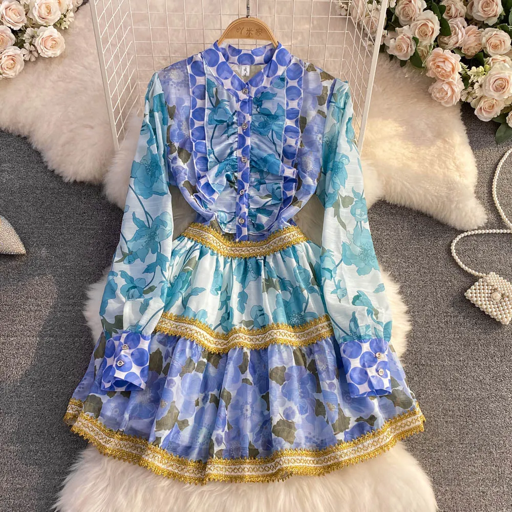 Vintage Court Style Ruffle Dress with Bubble Long Sleeves, Thin Printed Chiffon A-Line and Round Neckline