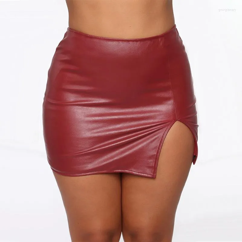 Jupes sexy jupe côté cuir divisé noir mini paquet de taille haute hanche crayon femme mode bodycon clubwear skinny solide rouge