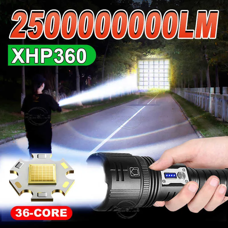 Flashlights facklor 2500000000LM Nyligen ficklampor XHP360 Kraftfull LED -ficklampa laddningsbar fackla XHP70 Flash Light 26650 utomhuscamping Lykta 0109