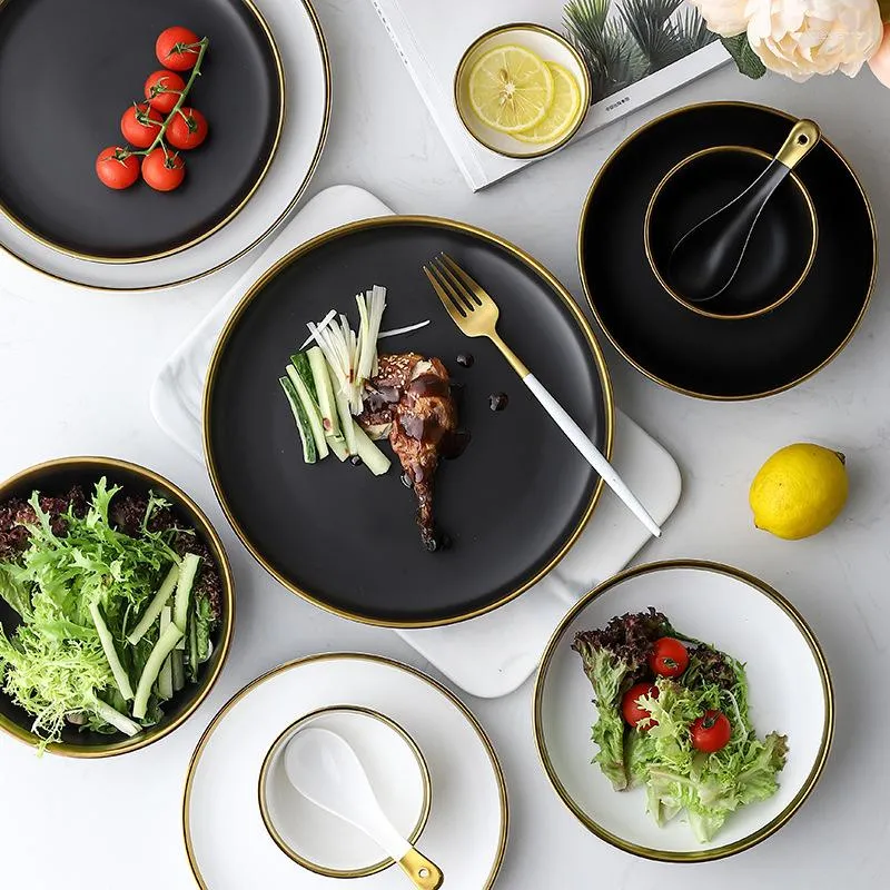 Plates Black White Smooth Ceramic Gold Edge Matte Tableware Dinner Plate Steak Salad Pasta Breakfast Flatware Household Party Dinnerwar