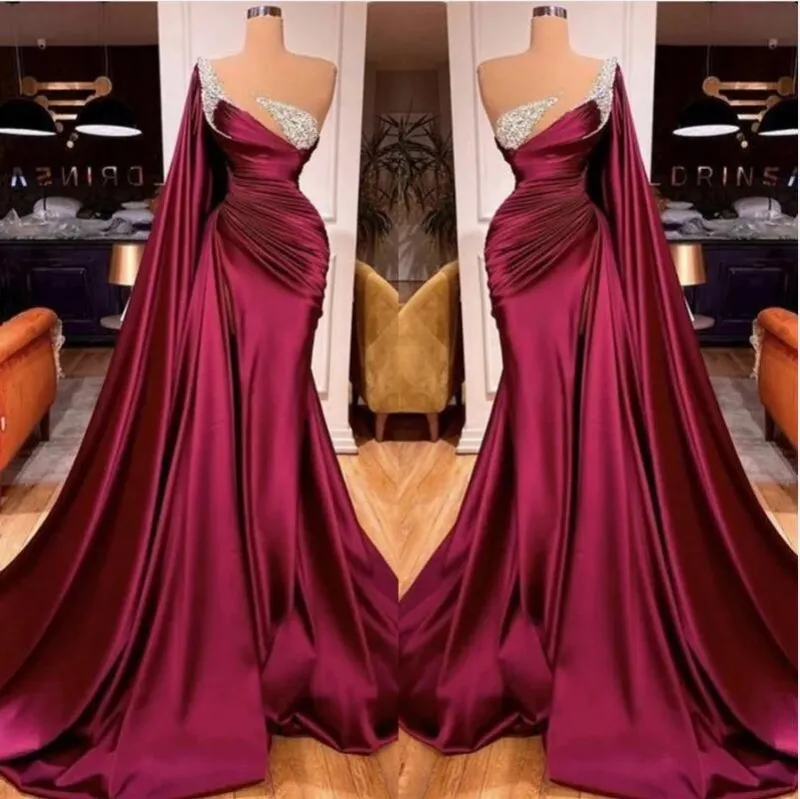 Plus Size Mermaid Evening Dresses One Shoulder Satin Pleats Draped Floor Length Formal Evening Party Second Reception Birthday Engagement Pageant Gowns Dress