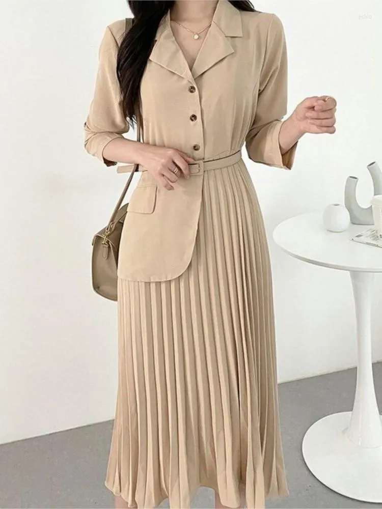 Casual Dresses Spring Summer Bodycon Pleated Dress with Belt Office Lady Solid Slim Elegant Clothes