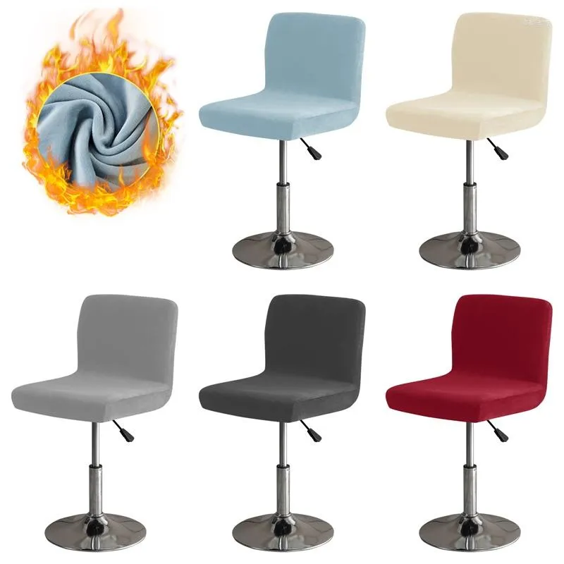 Housses de chaise épais velours tabouret de bar couverture couleur unie en peluche rotatif Spandex Stretch bas dossier salle à manger housses de siège bleu