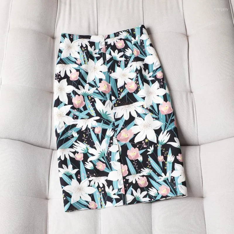 Skirts Women 2023 Spring Summer Fashion High Waist Female Printed Flowers Office Ladies Knee-length Jupe Femme B35