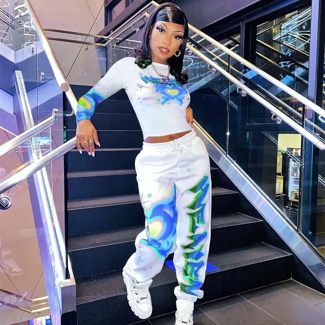 Neonbipink Womens Graffiti Letter Print Two Piece Pants And