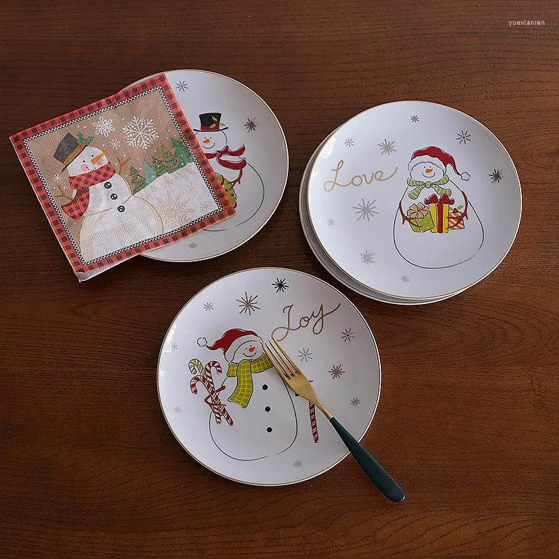 Plattor Nordic Gold Penh Cute Christmas Snowman Ceramic Western Dinner Plate 8 Inch Festival Table Funny Gift CL110603