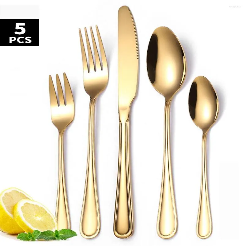 Conjuntos de utensílios de jantar 5pcs conjunto de talheres de mesa de ouro 304 Forks de aço inoxidável Spoons Knifes Dinner Spoon 2023