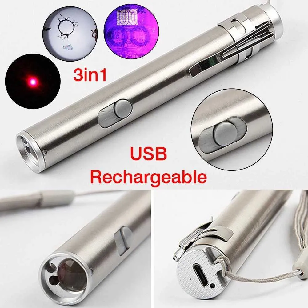 Flashlights Torches LED Laser Pointer Cat Toys 3in1 USB uppladdningsbar LED -ficklampa Cat Chaser Toys Mini ficklampa Laser LED Pen Light Cat Light 0109