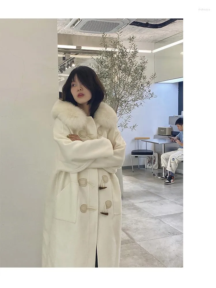 Veste longue en laine et cachemire mélangée pour femme, manteau véritable avec col véritable détachable, hiver 2023