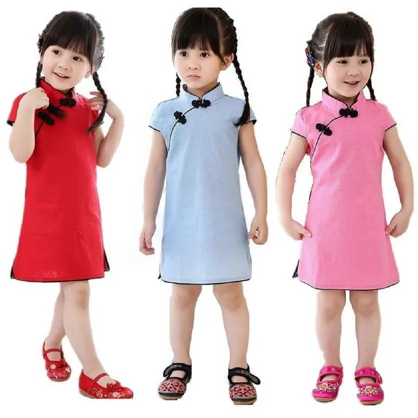 Flickans klänningar Hooyi Solid Baby Girls Dress Chinese Nyår Traditionell Qipao Children Chi-Pao Kids Cheongsam Linen Girl's Clothes Summer Tops T230106