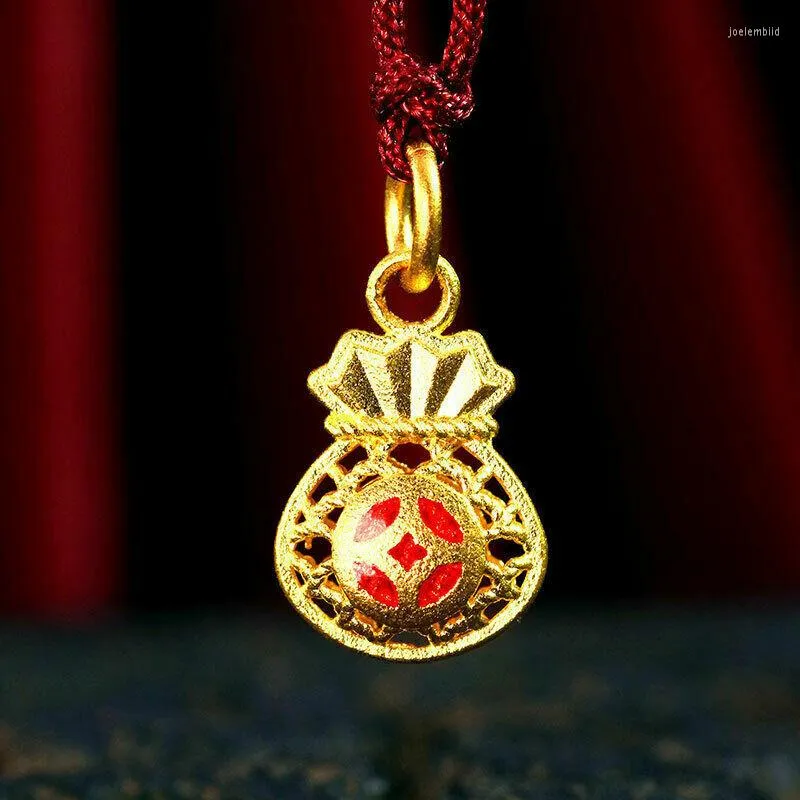 Pendant Necklaces 1PCS Pure 999 24k Yellow Gold 3D Lucky Hollow Enamel Coin Bag 0.8-0.9g